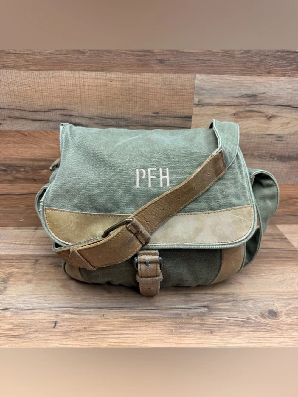 LL Bean Personalized Green Canvas Messenger Bag with Brown Leather Trim